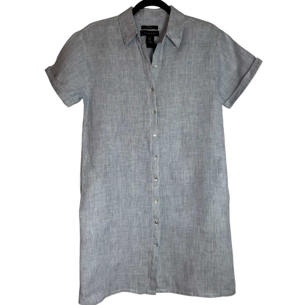 NWT Tahari 100% Linen Blue & White Pin Striped Short Sleeve Small Dress